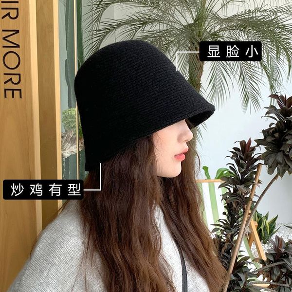 

stingy brim hats hat women's autumn and winter warmth all-match show face niche knitted wool bucket korean ins bell-shaped black basin, Blue;gray