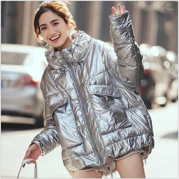 

winter autumn jacket women short glossy down cotton padded parkas bright shiny warm thick parkas female coats 5 colors1, Black