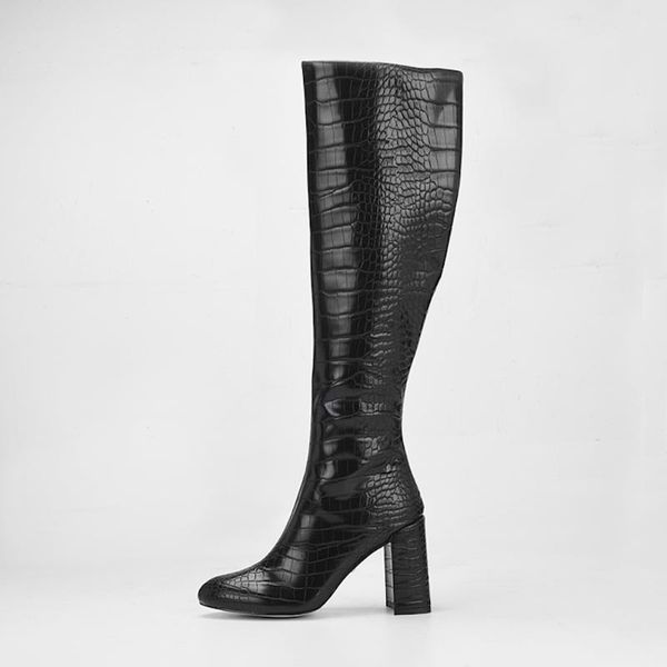 

boots women's winter high plus size 36-41 black classic round toe knee booties chunky block heels faux leather autumn