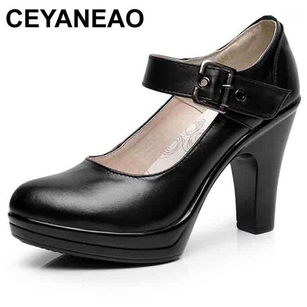 

ceyaneao 2021 spring autumn round toe ankle strap pumps genuine leather platform high heels work shoes womane15151, Black