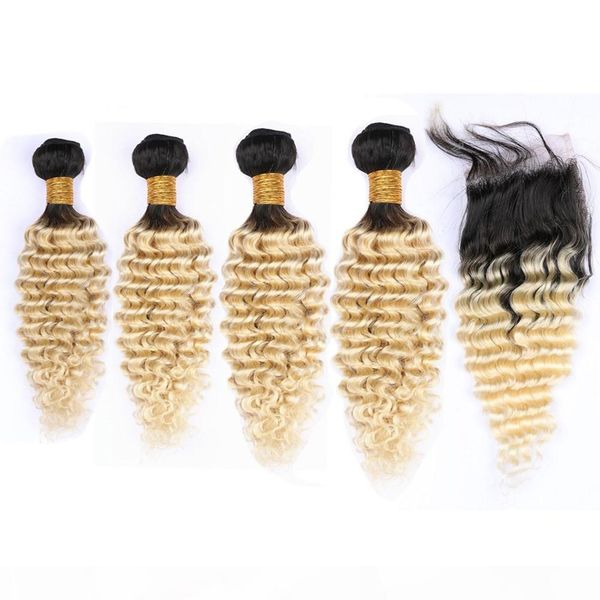 

blonde ombre virgin hair lace closure with 4 bundles #1b 613 black and blonde ombre malaysian loose wave weaves human hair extensions, Black;brown