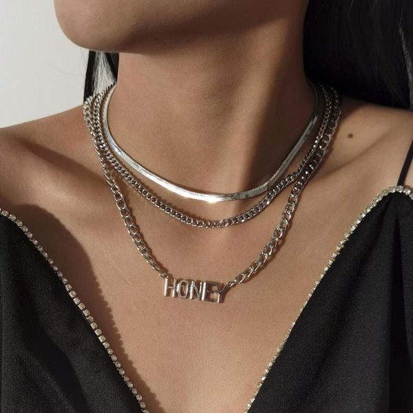 

gold color letter honey necklace for women multi layer pendants necklaces 2021 fashion bohemian jewelry, Silver