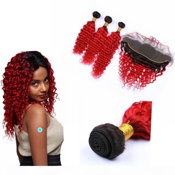

ombre virgin remy human hair extensions peruvian hair deep wave weave hair bundles with closure 13" * 4" lace frontal deep wave, Black;brown