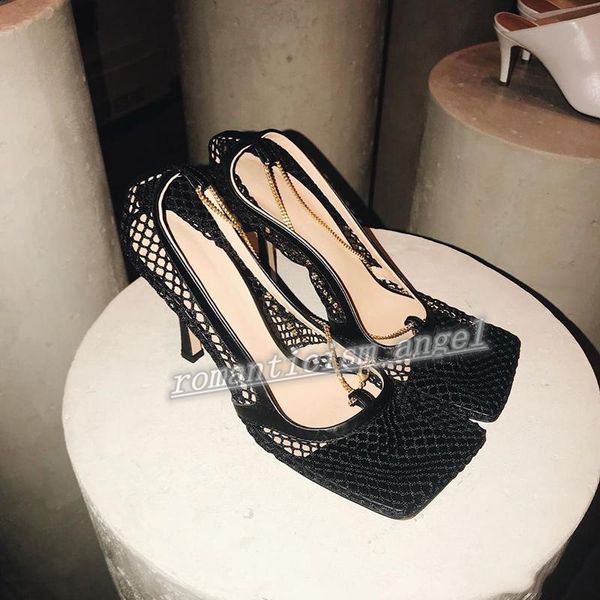 

2021 luxury design high heels square toe dress shoes mesh and berry calfstretch pumps women chain sandal schuhe fashion size 35-41, Black;red