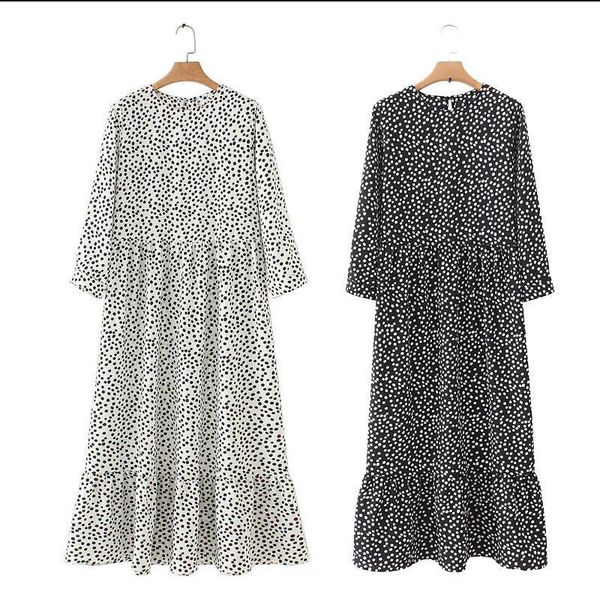 

summer autumn spring ladies polka dot print long dress casual pleated three quarter sleeve party straight dress chic ankle vestidos xl, Black;gray