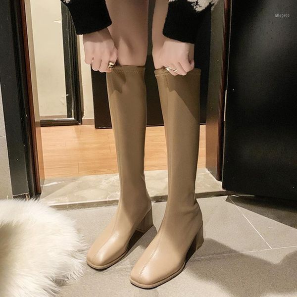 

shoes women's mid calf boots boots-women winter footwear thigh high heels high round toe low autumn 20201, Black
