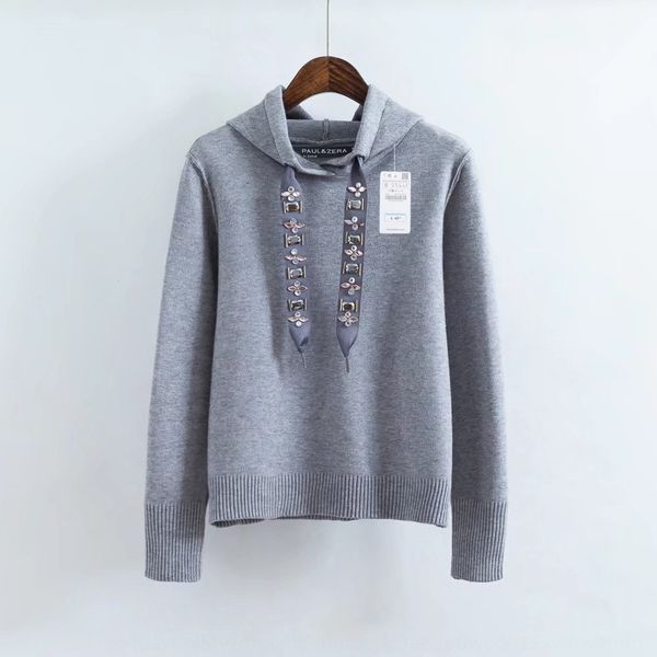 

2020 spring new women's hooded jewelry with diamond knitted pullover pulloverdiamond pullover loose sweater for women xtt3a, Black