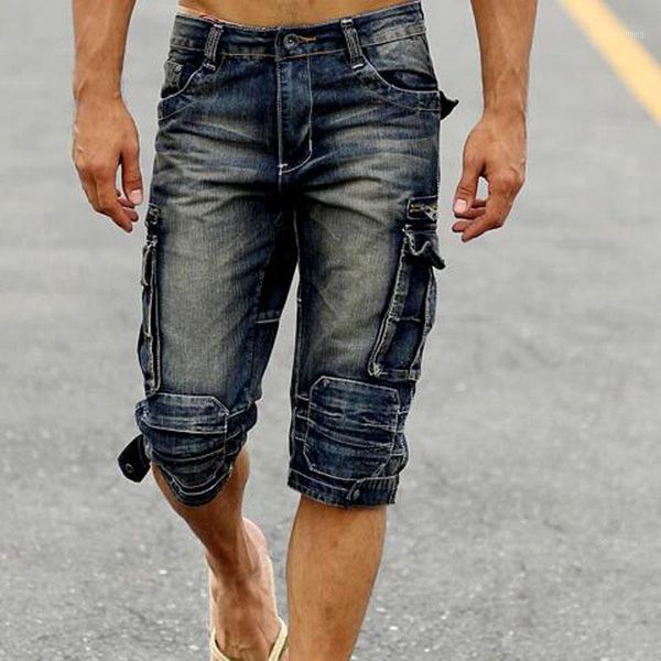 

new fashion men's male casual retro distressed washed overalls denim shorts america casual slim multi-pocket 9c2051, Blue