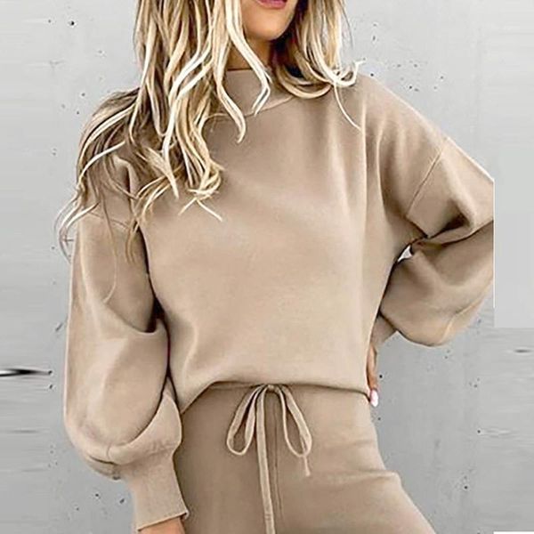 

fashion and elegant home suit solid color casual round neck pullover long-sleeved suit autumn and winter warm + pants1, Gray