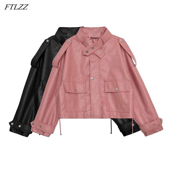 

ftlzz new autumn women streetwear pu pink faux leather jacket casual female loose motorcycle biker zipper stand collar coat, Black