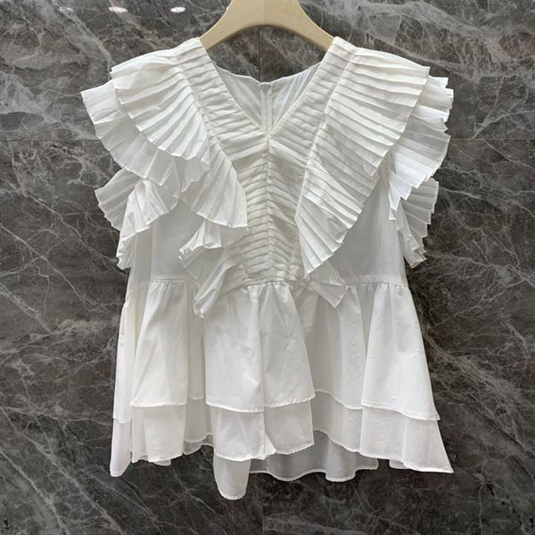 

2021 new white ruffles women blouse summer korean janpan style female pleated office lady work pullover shirts w8gz