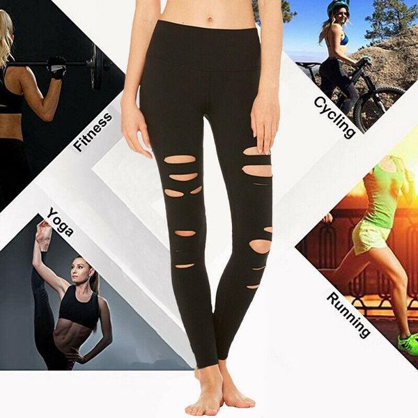 

yoga outfits women ripped leggings pants high waist slim stretchy sport fitness trousers als881, White;red