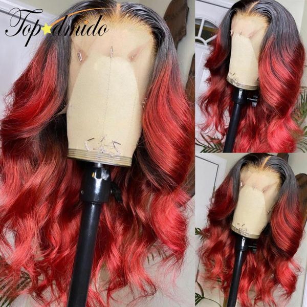 

dmido ombre red color 13x6 lace front wig with baby hair peruvian remy human hair wig long loose wave glueless lace, Black;brown