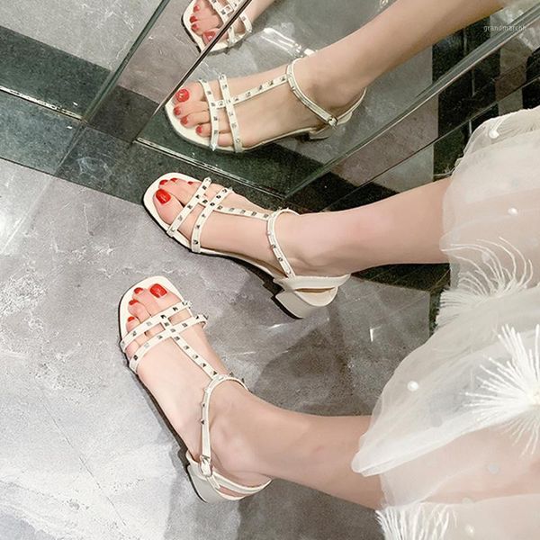 

sandals with 2021 summer sandals, whom the joker rivet web celebrity fairy air thick one word rome high heels1, Black