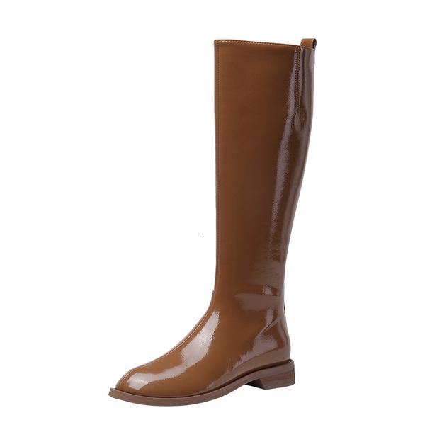 

2021 concise long cow patent leather low heels night club shoes woman winter new women knee high boots b4i4, Black