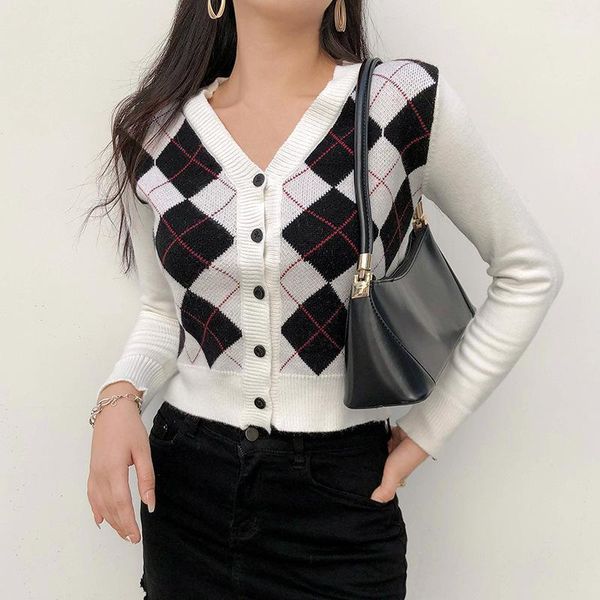 

white vintage cardigan womens jumper v neck sweater woolen blouse diamond grid autumn long sleeved cardigan loose wild sweater1, Black;white