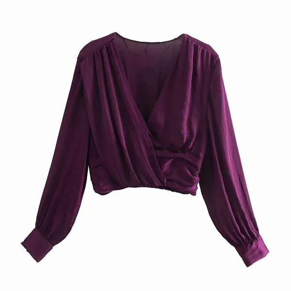 

2021 new blouse purple knot crop women fall vintage wrap puff long sleeve woman pleated hem elegant ladies blouses 5eqq, White