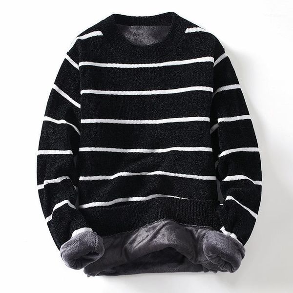 

2020 winter super warm sweater men's o neck slim soft fleece pullover striped knitted plus velvet thickening sweater men1, White;black