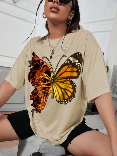 

butterfly print drop shoulder oversized tee 36we#, White