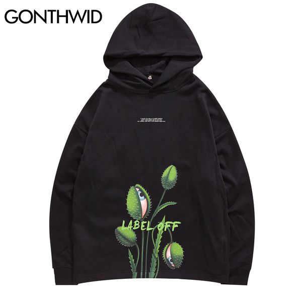 

creative venus flytrap print hoodies sweatshirts hip hop casual loose streetwear hooded men 2020 fashion male, Black