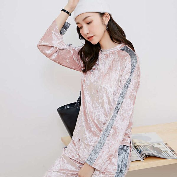

new velvet color contrast women's spring loose sports fashion casual suit, Gray