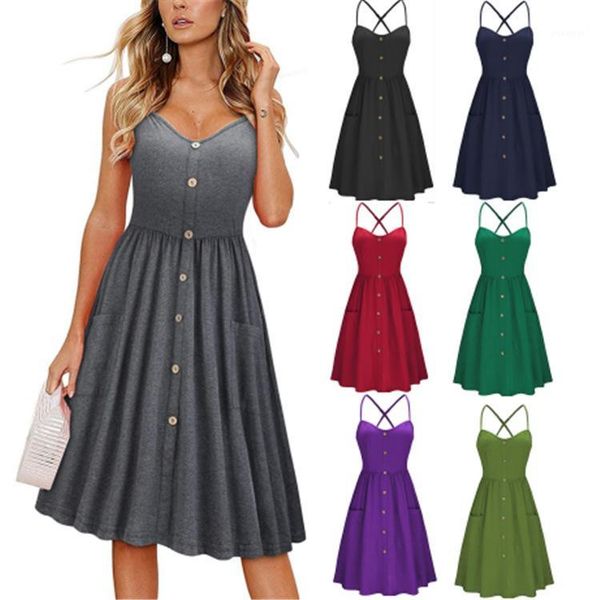 

clothing owlprincess 2020 summer new women's suspender dress solid color harness dress button1, Black;gray