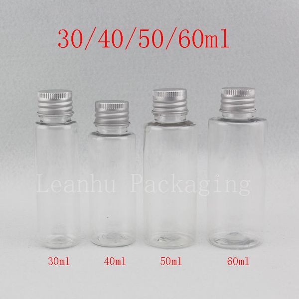 30 ml, 40 ml, 50 ml, 60 ml leere transparente Kosmetikflaschen mit Aluminiumdeckel, durchsichtige, versiegelte Plastikflasche in Reisegröße
