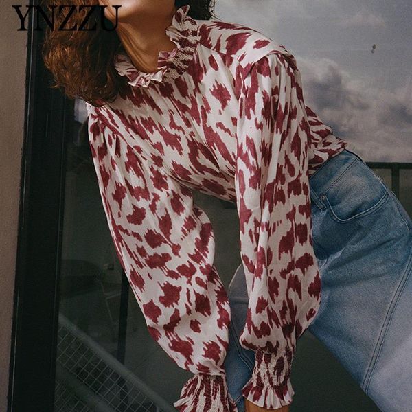 

spring elegant women leopard print blouse 2020 ruffles long sleeve chiffon casual loose fashion 2020 autumn ynzzu yt789, White
