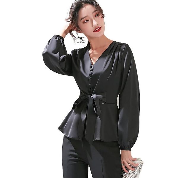

women's blouses & shirts 2021 spring women casual beltfashion long sleeves office blouse vintage femme v neck elegant imitation silk, White