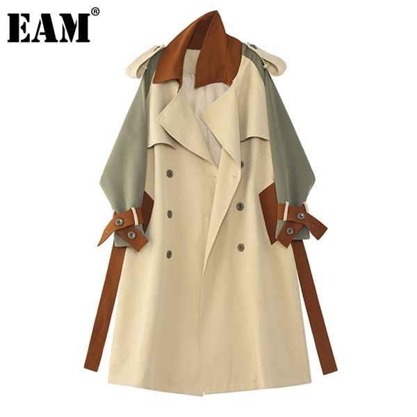 

eam] women apricot big size long trench new lapel long sleeve loose fit windbreaker fashion tide spring autumn 2020 1dc228 1028, Tan;black