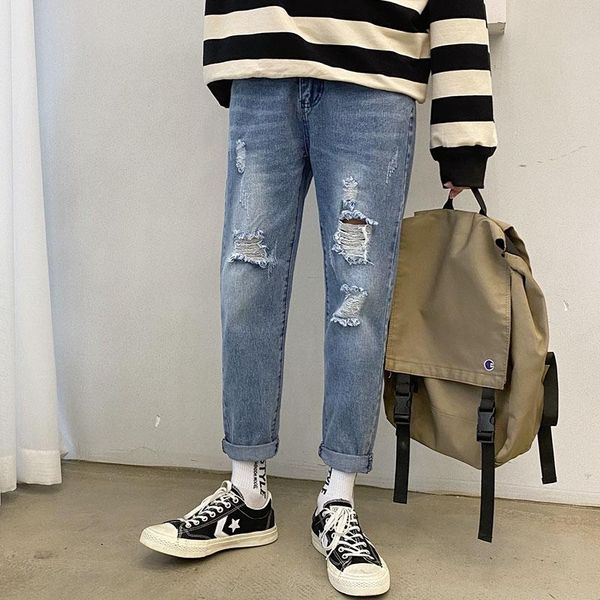 

new casual fashion spring men ripped jeans trendy loose 9-point denim pants, Blue