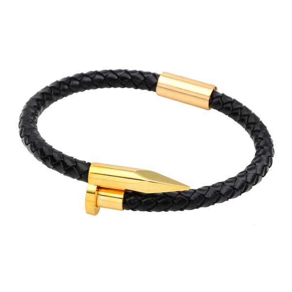 

luxury brand jewelry stainless steel nail genuine leather bangle bracelet for men women lovers gift, Black