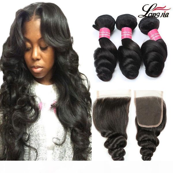 

brazilian virgin hair loose wave bundles with 4x4 closure 3 4 bundles brazilian hair weave 8a unprocessed human hair bundles with closure, Black