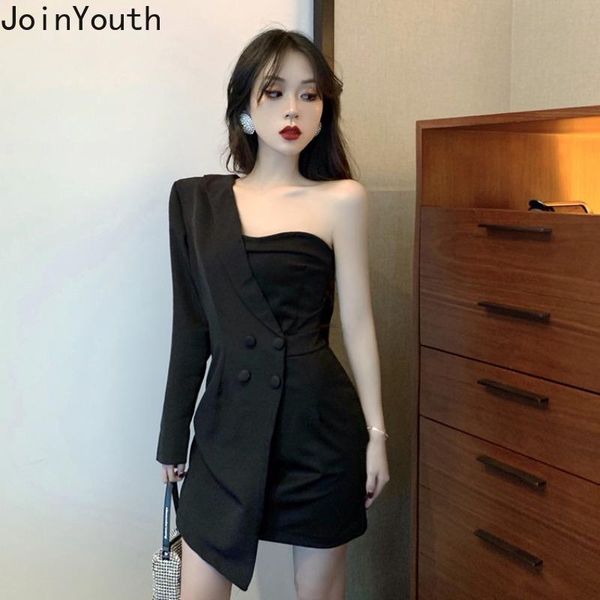 

joinyouth strapless women elegant dresses double breasted high waist short mini vestidos 2020 spring korean dresses 58963, Black;gray