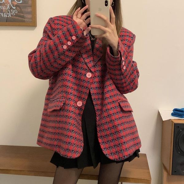 

women's suits & blazers [ewq] 2021 winter female notched collar long-sleeved blazer coat single breasted loose panelled plaid thick sui, White;black