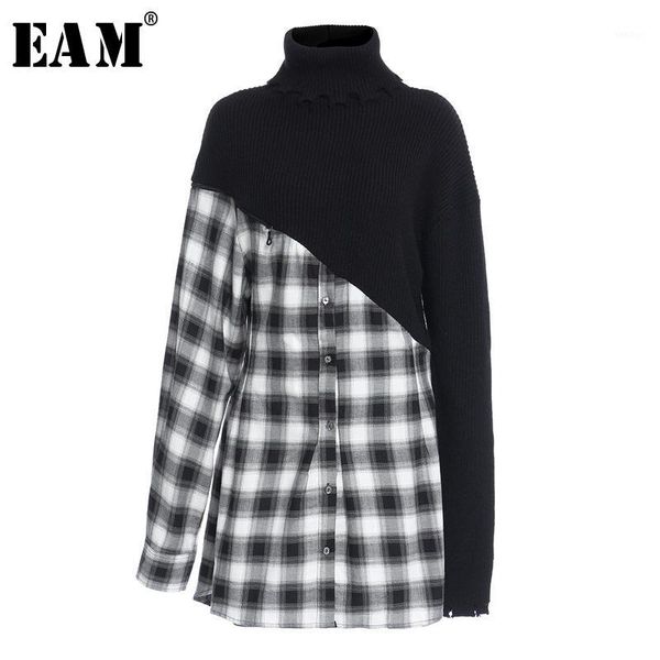 

eam] women black plaid irregular knitting dress new turtleneck long sleeve loose fit fashion tide spring autumn 2020 1z1751, Black;gray