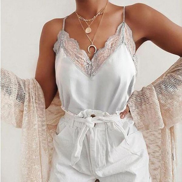 

women lace vest sleeveless v neck silk solid loose camisole casual v neck tank cropped feminino, White