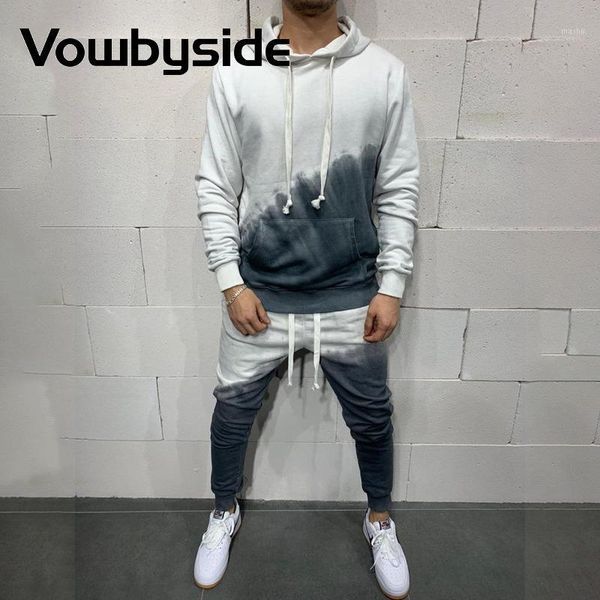

gradient colorblock pocket design hooded & drawstring skinny pants set casual sporty mens two piece set tracksuits1, Gray
