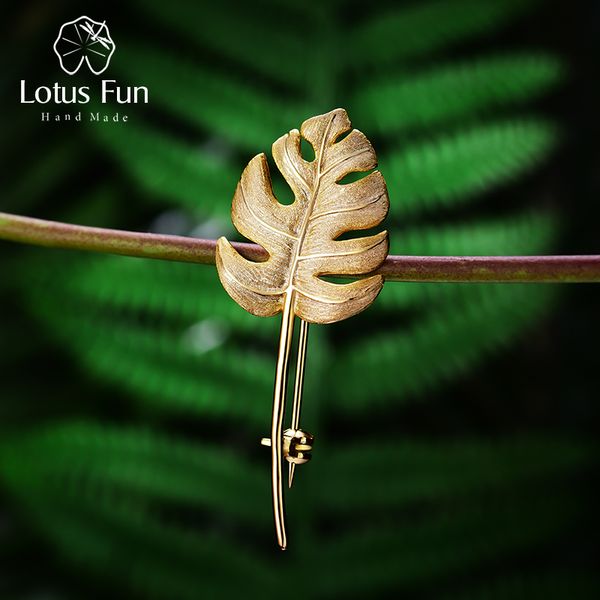 

lotus fun real 925 sterling silver handmade designer fine jewelry 18k gold creative monstera leaves brooches for women bijoux 201009, Gray