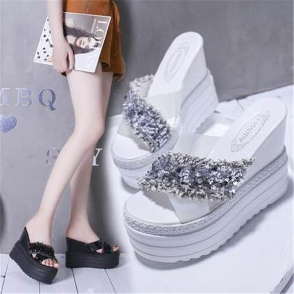 

slippers pvc crystals high heels leisure summer sandal women thick platform wedges mules female sequins shoes black white