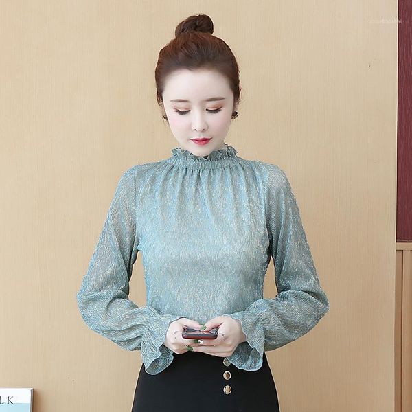 

blusa lace blouses 2020 spring new style fashion high collar long sleeve women's blouses shirt lace chiffon shirt 208c1, White