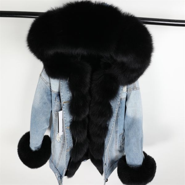 

winter women natural fox fur big fur collar coat denim loose fashion fur detachable rabbit lining parka leather jacket 201123, Black