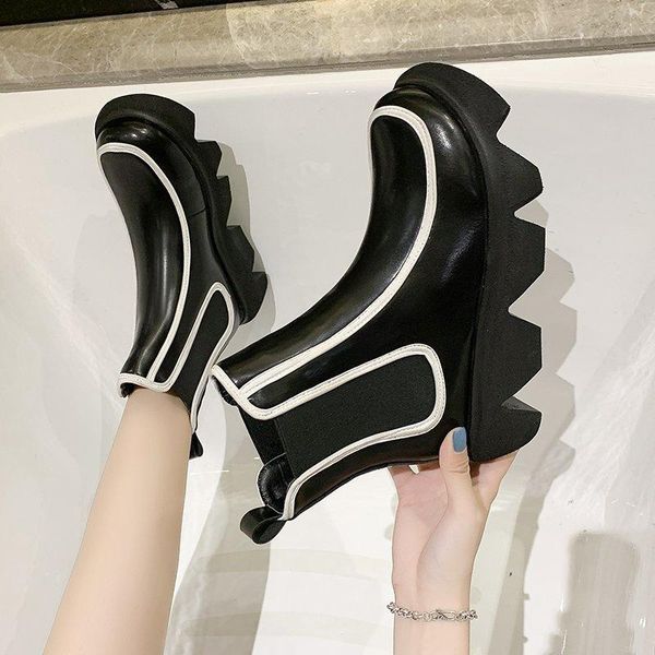 

2021 new leather platform boots women elastic band round toe boots designer sponge cake bottom ankle women's botas mujer, Black