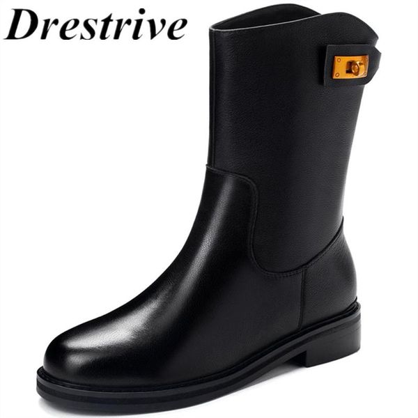 

boots drestrive full genuine leather women mid calf zipper low heel 3 cm cow female winter shoes black