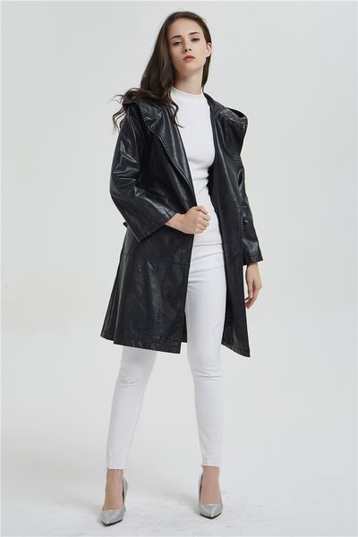 

js0098j-new womens leather jacket in autumn and winter medium long slim hood micro trumpet sleeve fashion leather trench coa 201030, Black