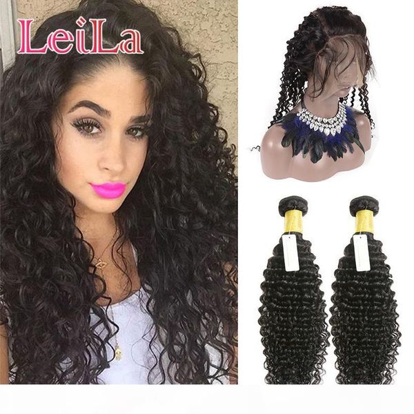 

brazilian virgin hair 360 lace frontal with bundles natural hairline deep wave curly human hair wefts with closure 3 pieces lot, Black;brown