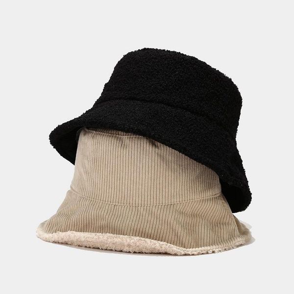 

wide brim hats winter bucket hat women corduroy double-sided wear panama sun lamb wool solid girls lady warm fisherman cap, Blue;gray