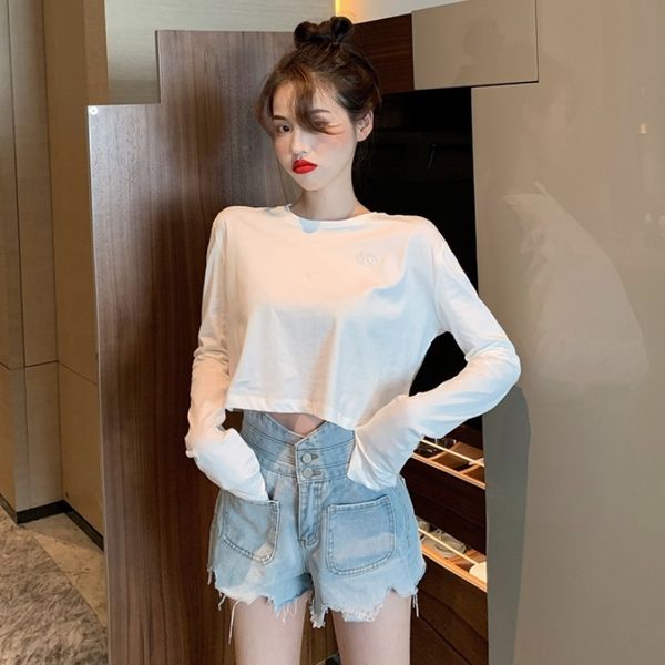 

женская твердый футболка 2020 осень случайные высокой талии с длинным рукавом, топ короткая куртка короткая куртка топ с a7194 внутри и снар, White