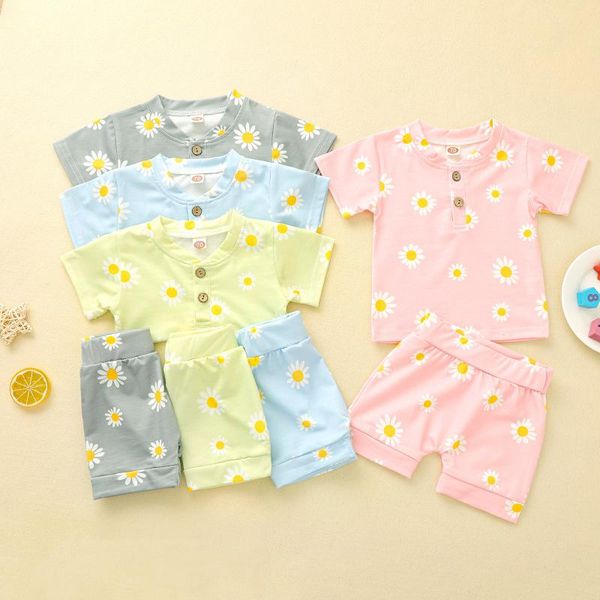 

newborn infant baby girls short sleeve flower print +print short pants sets baby's sets pants outfit set winter kids, White