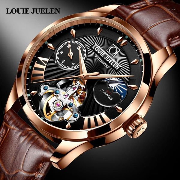 

gold watch mens watch automatic mechanical wristwatches louie juelen waterproof leather wrist relojes hombre1, Slivery;brown
